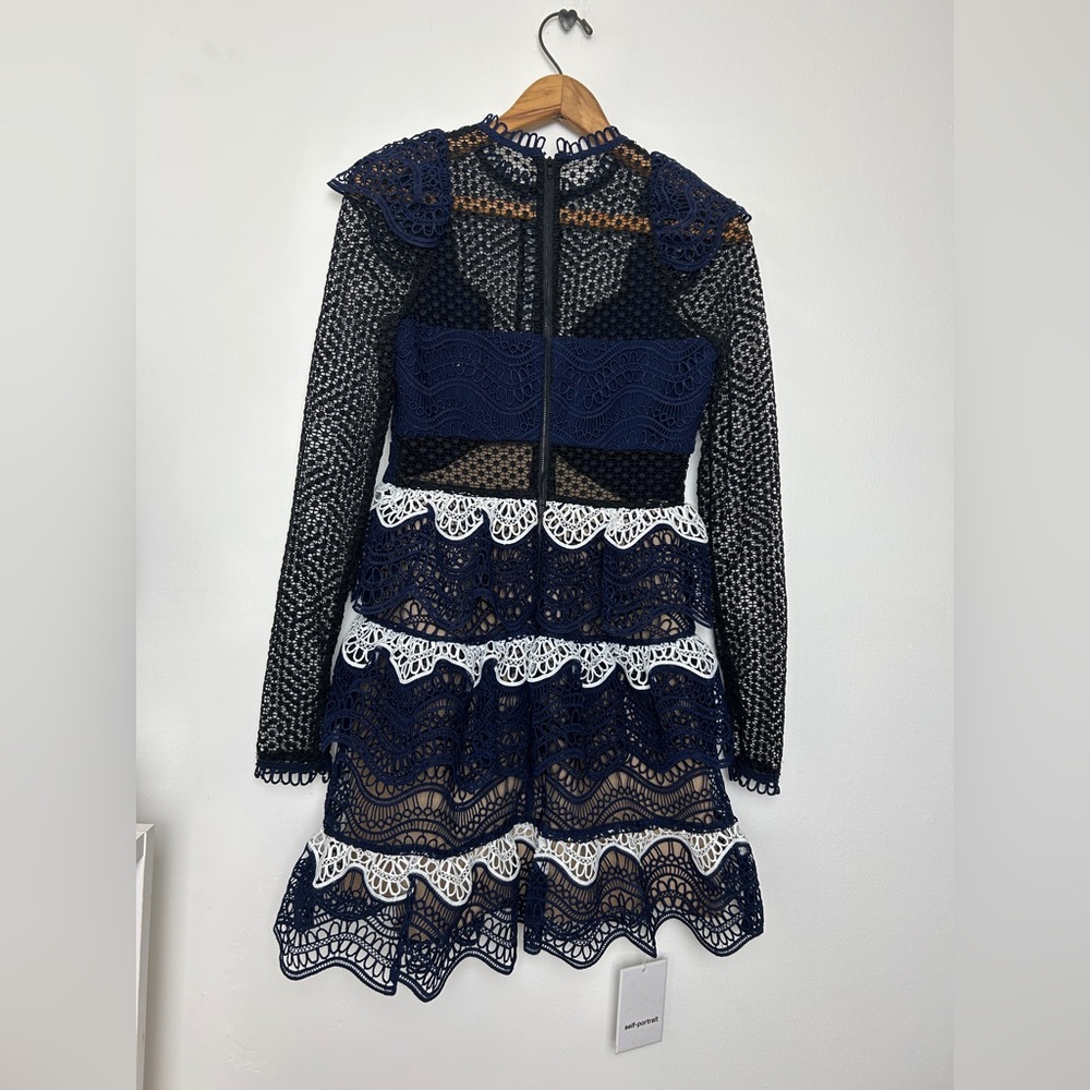 Self-Portrait Navy and White Lace Mini Dress - Picture 4 of 7